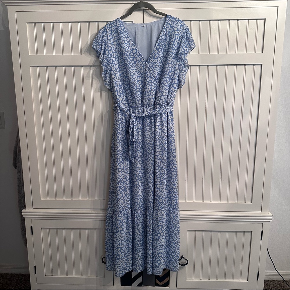 Light Blue Floral Maxi Dress with Tie Waist